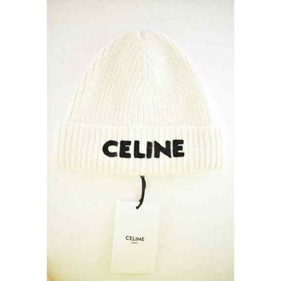 Celine Paris White Black Logo Laine Knit Wool Embroidered Beanie Cap Winter Hat main image 10